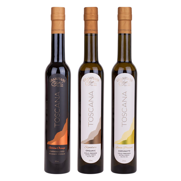Toscana Grampians Olive Co balsamic vinegar, organic olive oil, lemon pressed olive oil