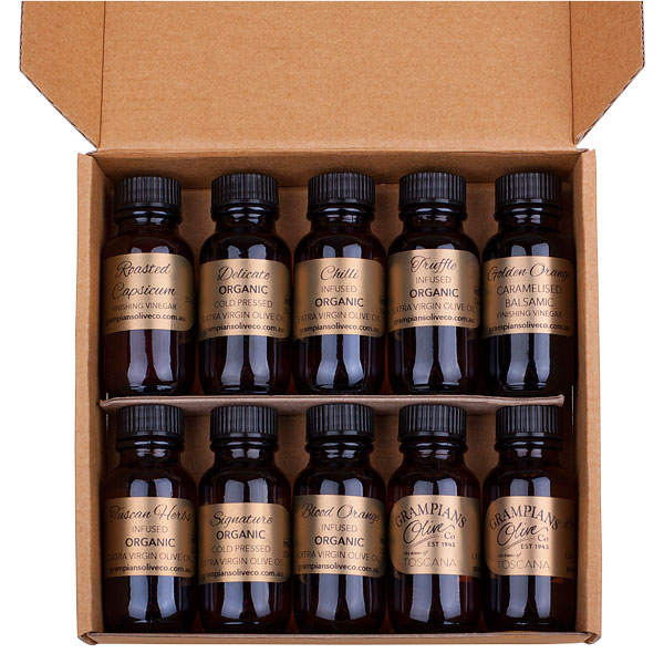 Inside the sampler gift box of organic olive oils, infused olive oils, balsamic vinegars.