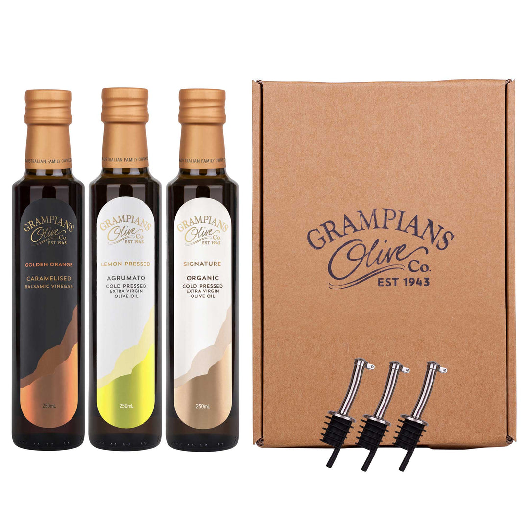 Three bottles gift set of Grampians Olive Co olive oil and vinegar, with stainless steel pourers