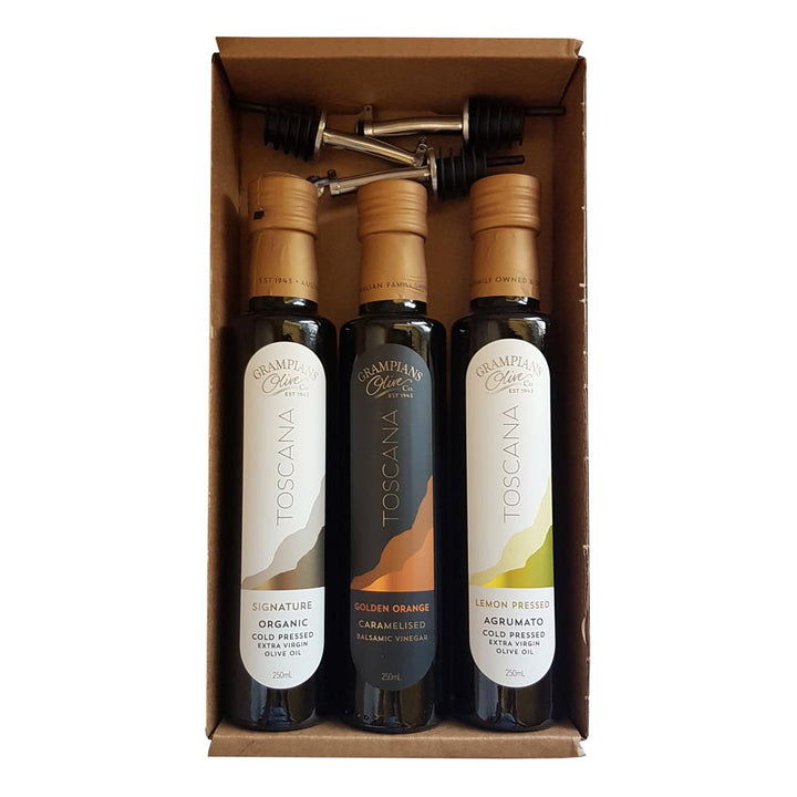 3 x 250ml organic olive oil and vinegar gift set - what's in the box