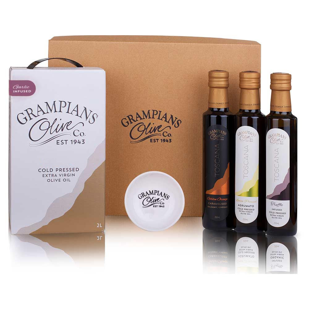 Grampians Olive Co olive oil products including bottles and a box on a white background