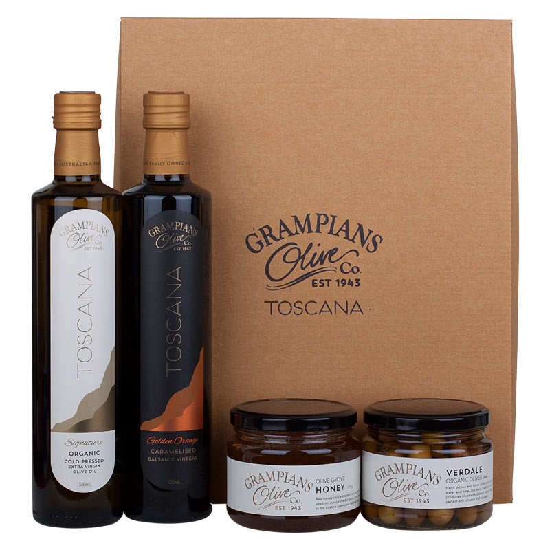 Hamper of organic olives, olive oil and honey