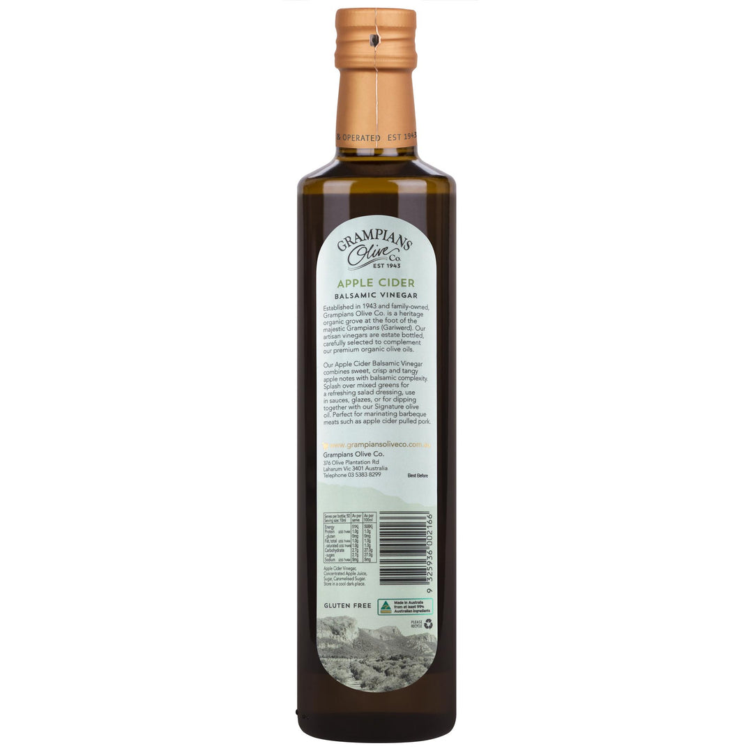 Back of Grampians Olive Co Australian Made Apple Cider Balsamic Vinegar 500ml bottle.