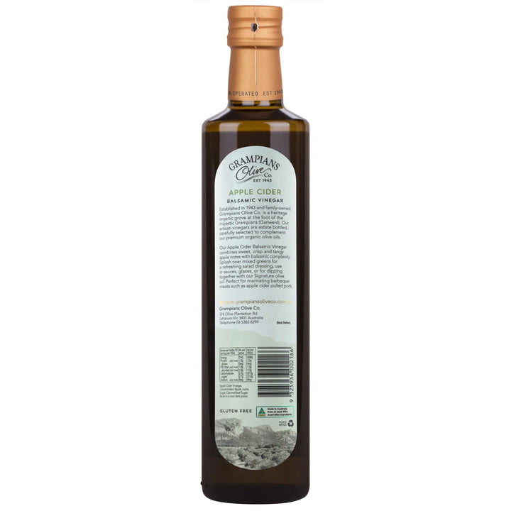 Back of Grampians Olive Co Australian Made Apple Cider Balsamic Vinegar 500ml bottle.