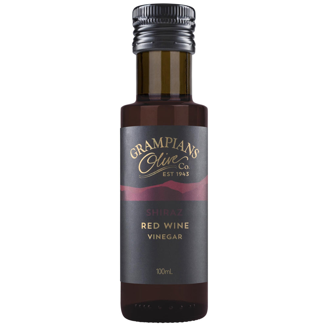 Bottle of Grampians Olive Co. Australian Shiraz Red Wine Vinegar on a white background