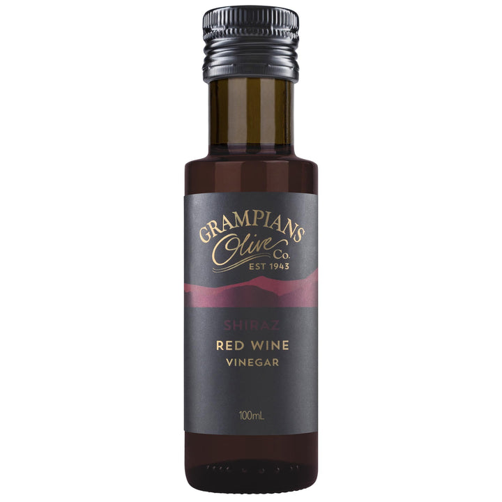 Bottle of Grampians Olive Co. Australian Shiraz Red Wine Vinegar on a white background