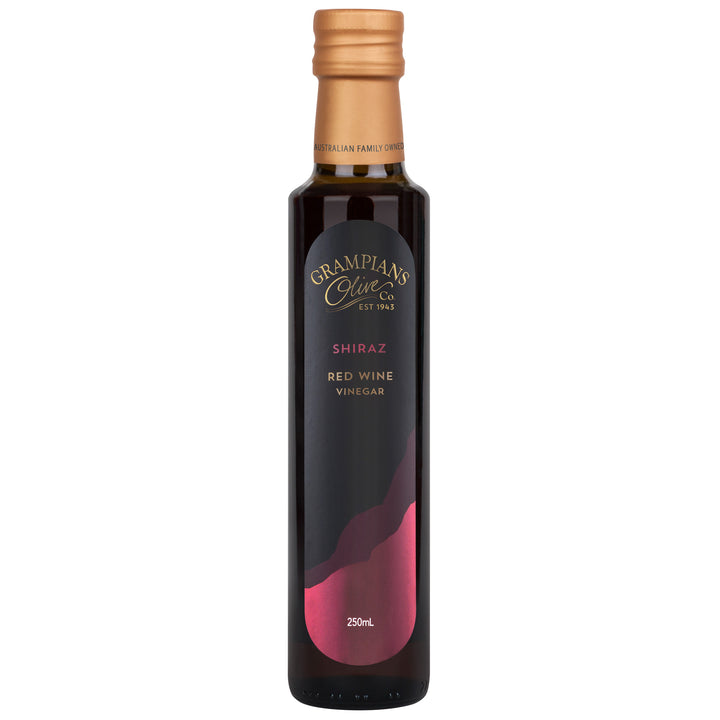Bottle of Grampians Olive Co. Australian Shiraz Red Wine Vinegar on a white background