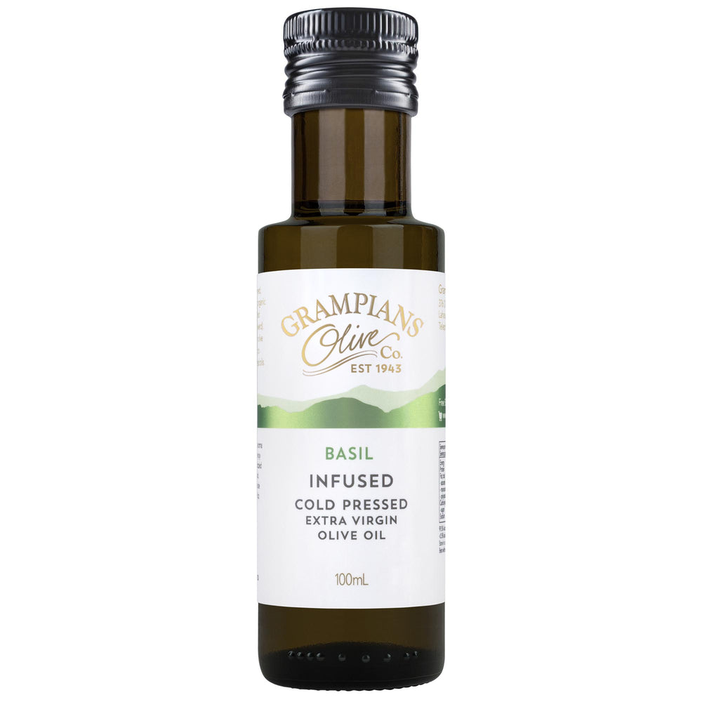 100ml bottle of Grampians Olive Co Basil infused cold pressed extra virgin olive oil