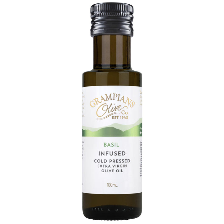 100ml bottle of Grampians Olive Co Basil infused cold pressed extra virgin olive oil