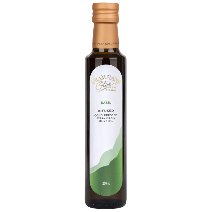 250ml bottle of Grampians Olive Co Basil infused cold pressed extra virgin olive oil