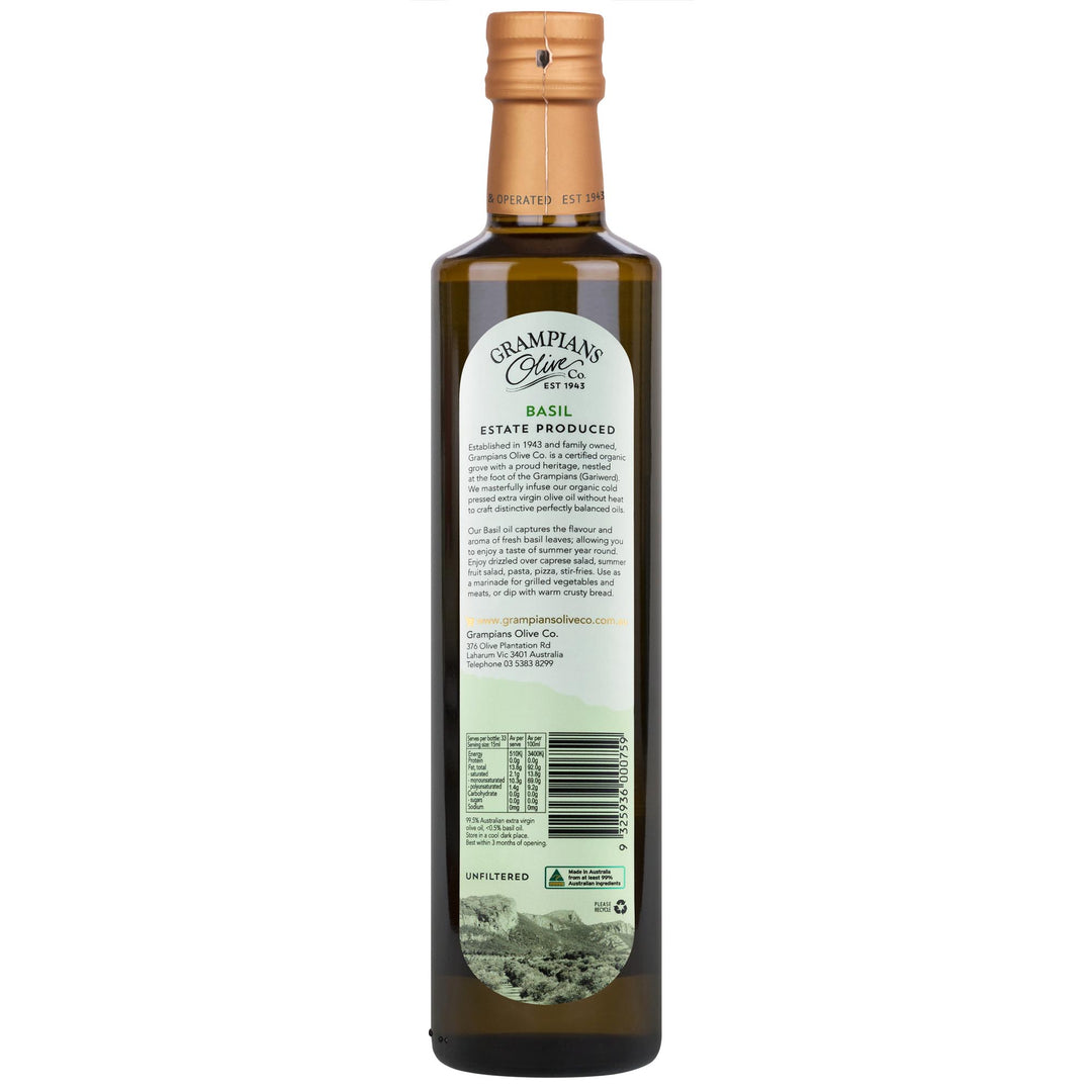 Back label of 500ml Grampians Olive Co Basil infused cold pressed extra virgin olive oil