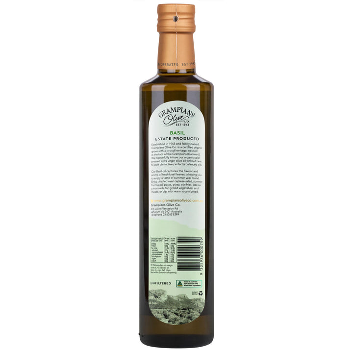 Back label of 500ml Grampians Olive Co Basil infused cold pressed extra virgin olive oil
