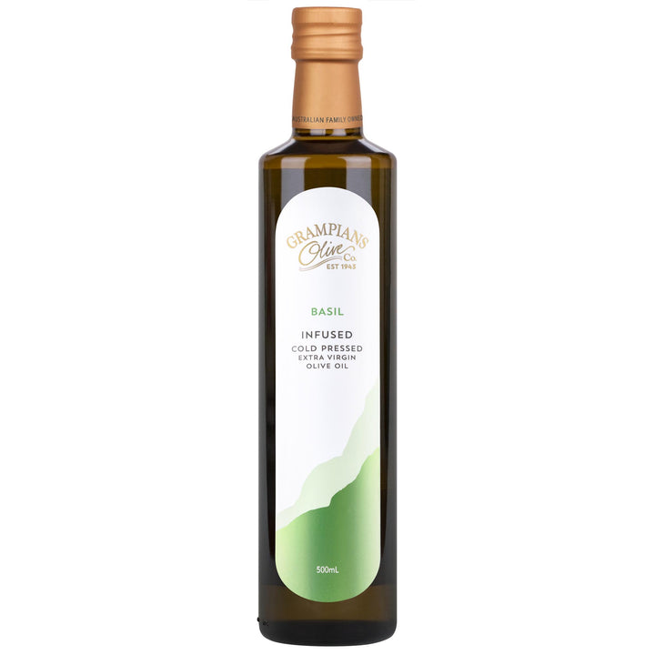 500ml bottle of Grampians Olive Co Basil infused cold pressed extra virgin olive oil