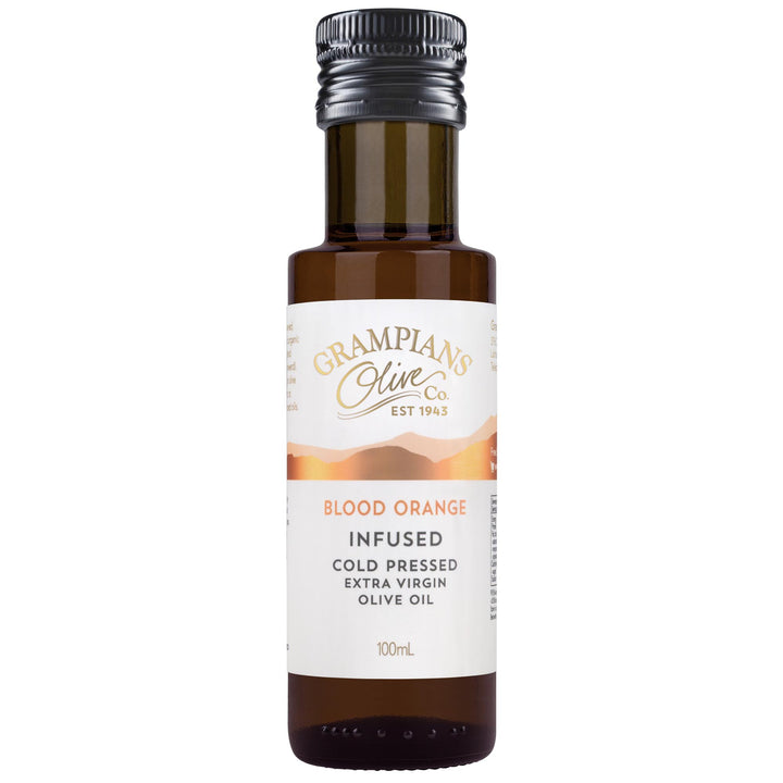 Front of Grampians Olive Co Blood Orange Infused Australian Extra Virgin Olive Oil 100ml bottle.