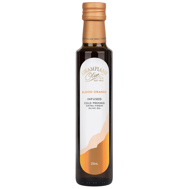 Front of Grampians Olive Co Blood Orange Infused Australian Extra Virgin Olive Oil 250ml bottle.