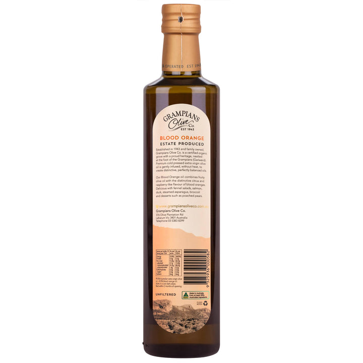 Back label Grampians Olive Co Blood Orange Infused Australian Extra Virgin Olive Oil 500ml bottle.