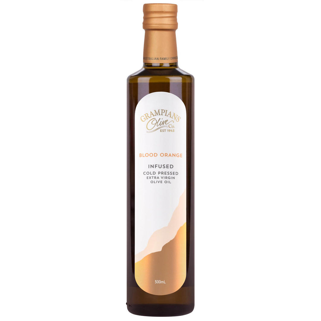 Front of Grampians Olive Co Blood Orange Infused Australian Extra Virgin Olive Oil 500ml bottle.