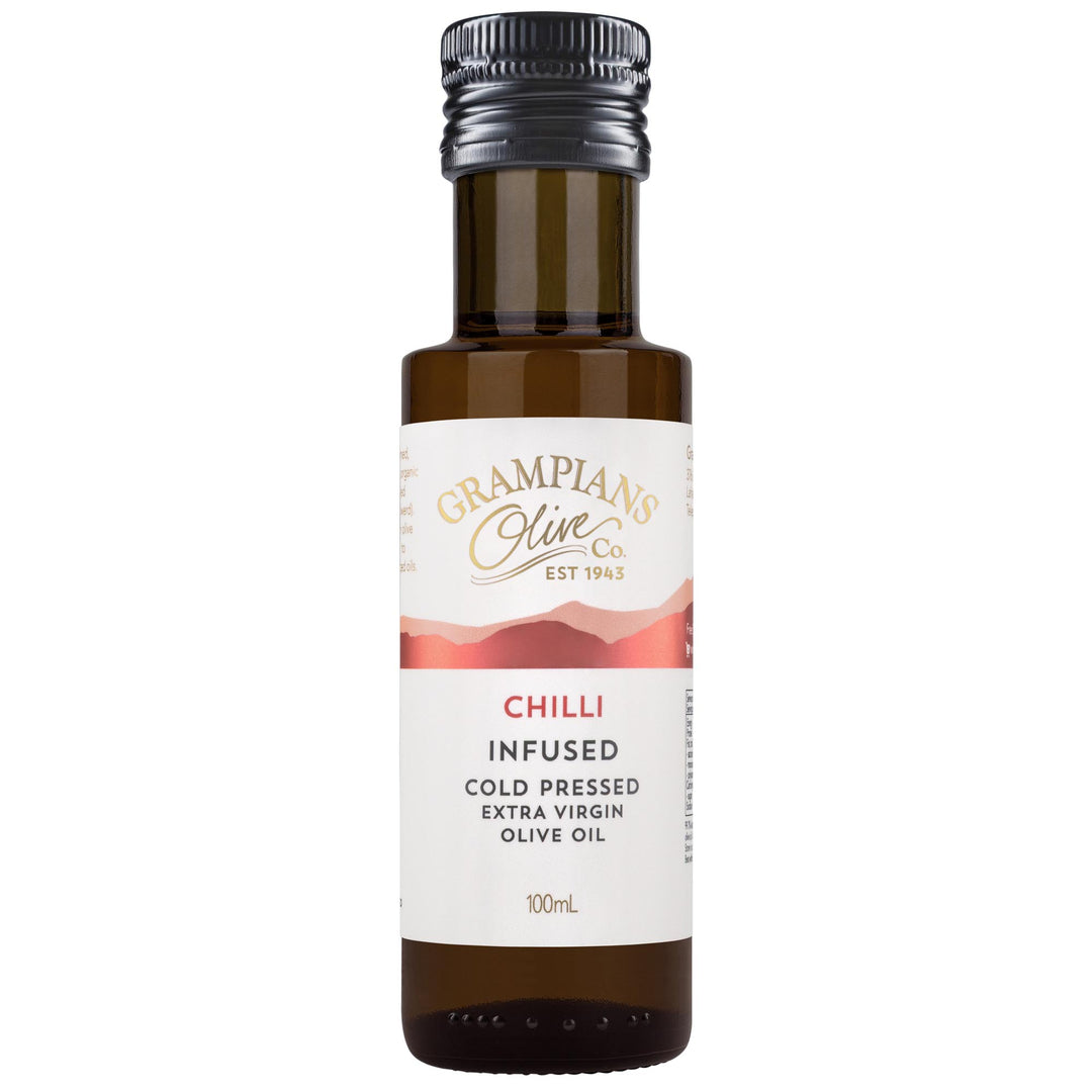 Front of Grampians Olive Co Chilli Infused Australian Cold Pressed Extra Virgin Olive Oil 100ml bottle