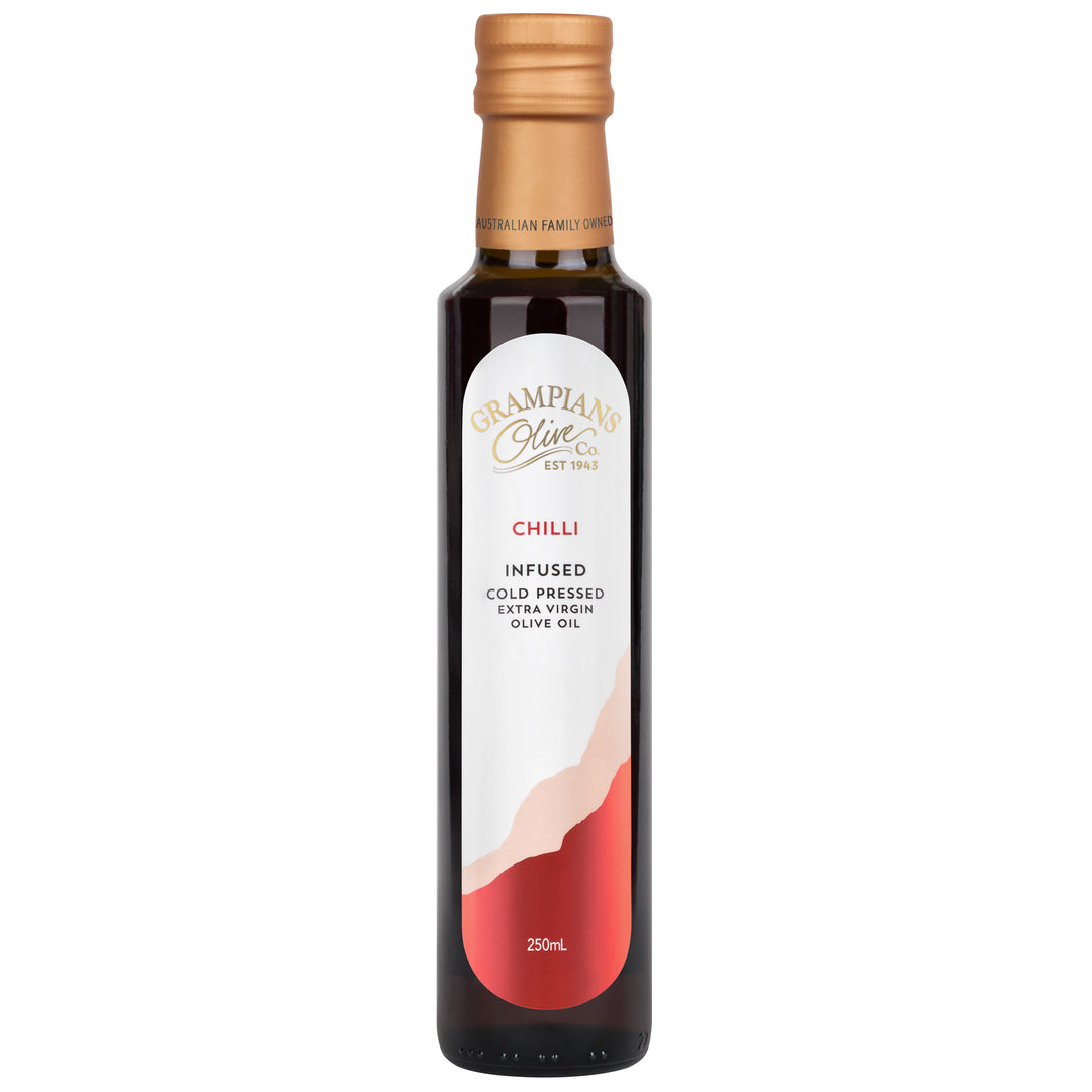 Front of Grampians Olive Co Chilli Infused Australian Cold Pressed Extra Virgin Olive Oil 250ml bottle