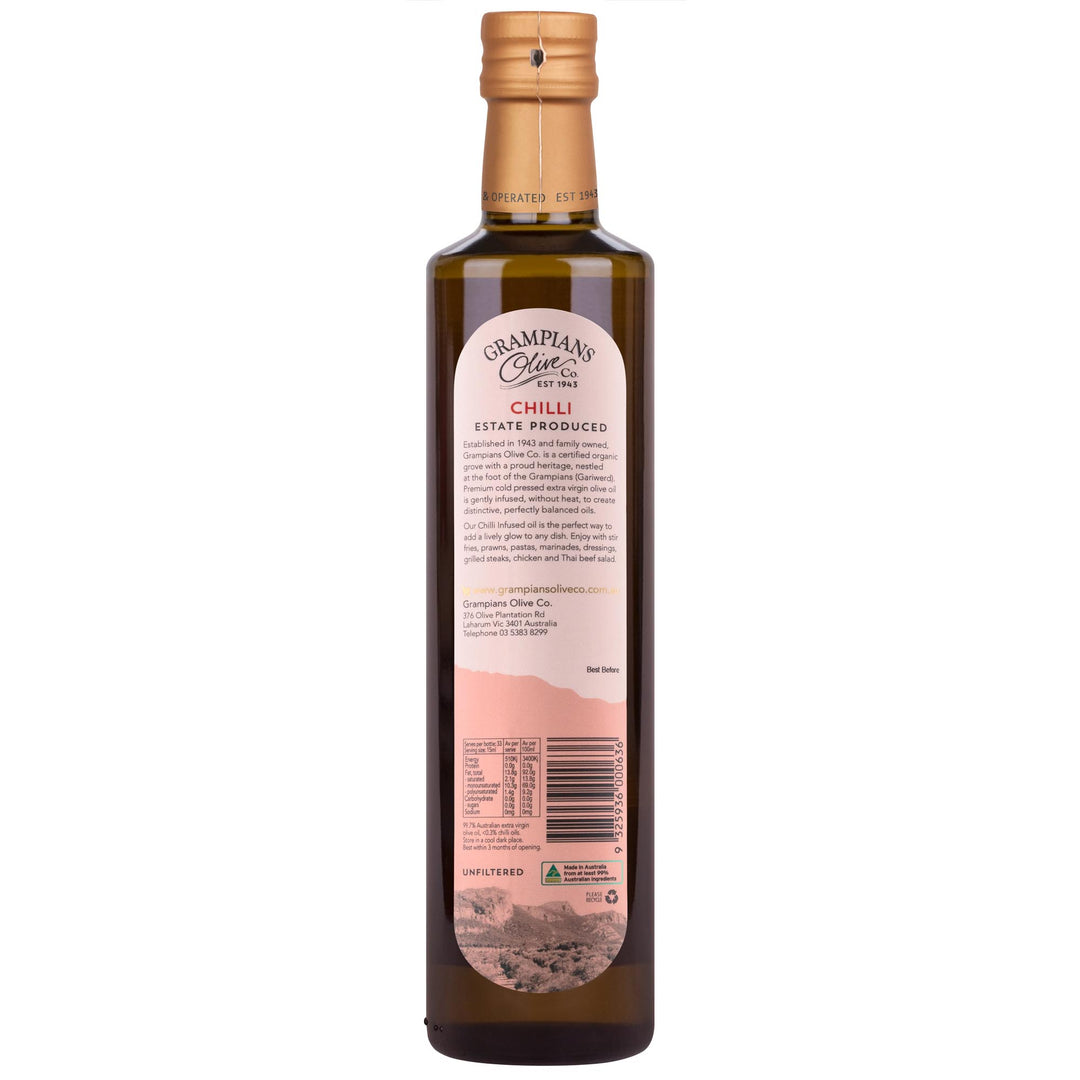 Back label of Grampians Olive Co Chilli Infused Australian Cold Pressed Extra Virgin Olive Oil 500ml bottle