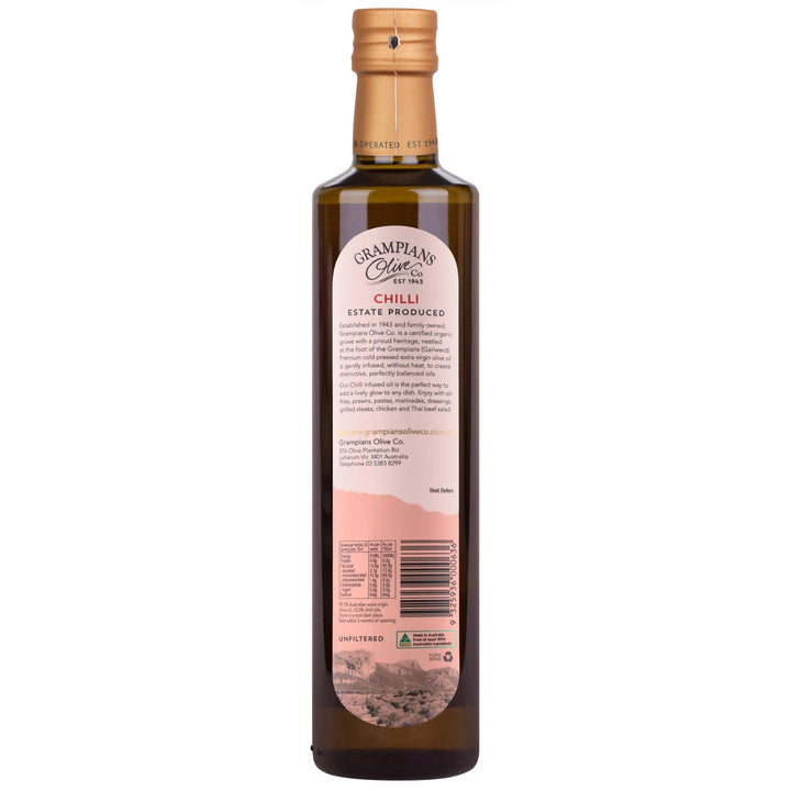 Back label of Grampians Olive Co Chilli Infused Australian Cold Pressed Extra Virgin Olive Oil 500ml bottle