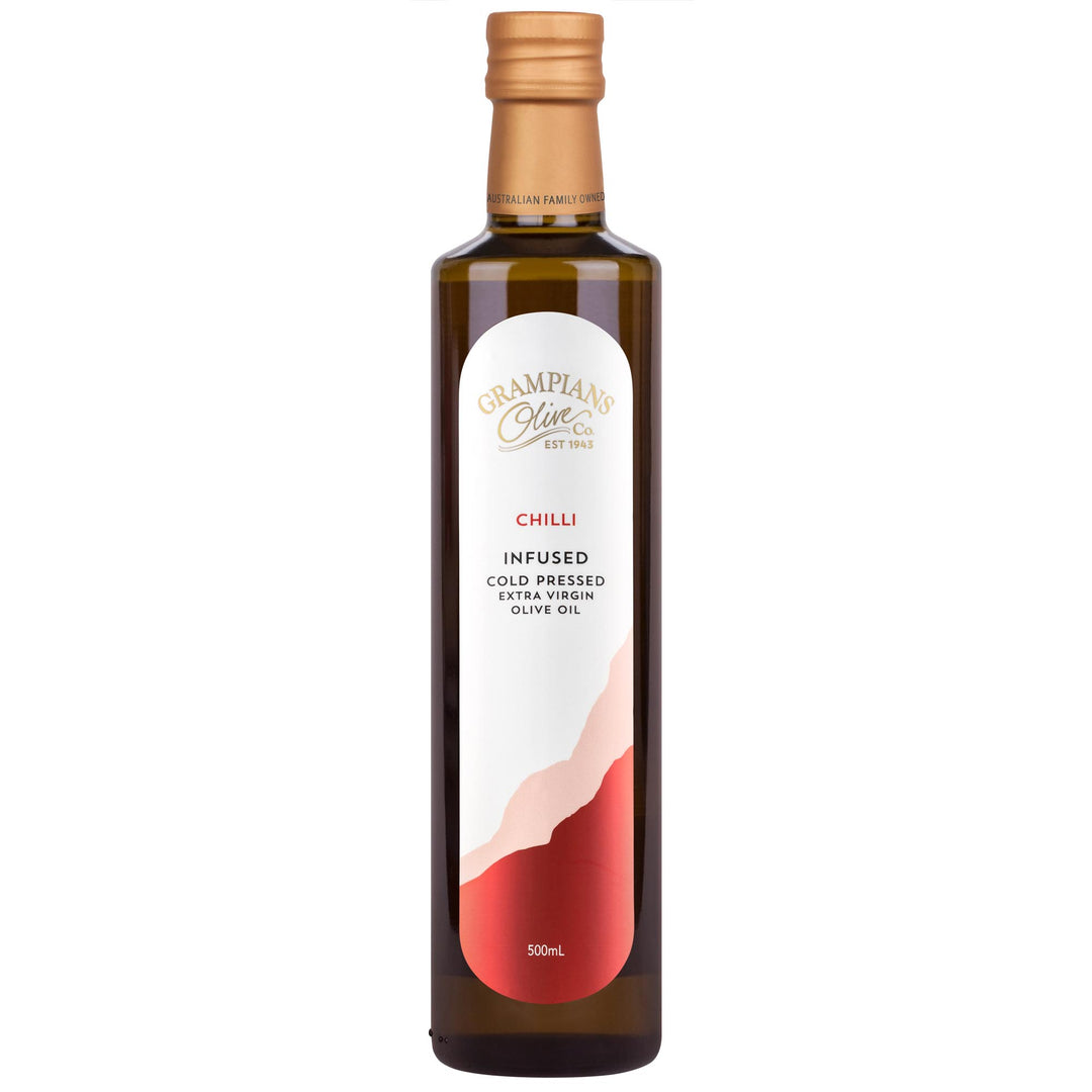 Front of Grampians Olive Co Chilli Infused Australian Cold Pressed Extra Virgin Olive Oil 500ml bottle