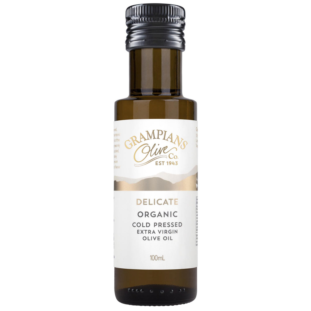Front of Grampians Olive Co Delicate Organic Late Harvest Cold Pressed Extra Virgin Olive Oil 100ml bottle.