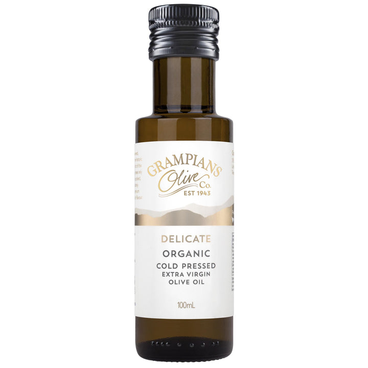 Front of Grampians Olive Co Delicate Organic Late Harvest Cold Pressed Extra Virgin Olive Oil 100ml bottle.
