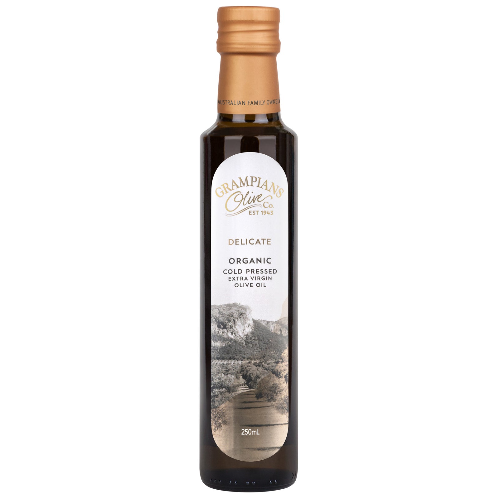 Front of Grampians Olive Co Delicate Organic Late Harvest Cold Pressed Extra Virgin Olive Oil 250ml bottle.