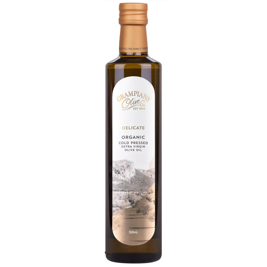 Front of Grampians Olive Co Delicate Organic Late Harvest Cold Pressed Extra Virgin Olive Oil 500ml bottle.