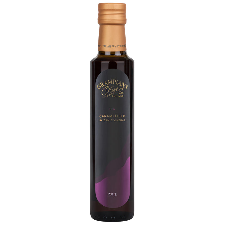 Front of Grampians Olive Co Australian Made Fig Caramelised Balsamic Vinegar 250ml bottle.