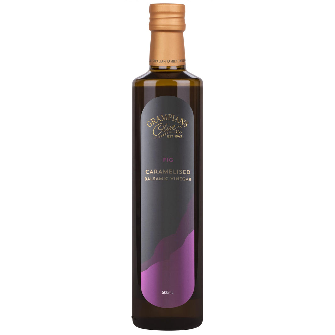Front of Grampians Olive Co Australian Made Fig Caramelised Balsamic Vinegar 500ml bottle.