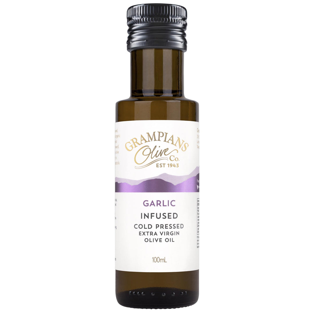 Front of Grampians Olive Co Garlic Infused Australian Extra Virgin Olive Oil 100ml bottle.