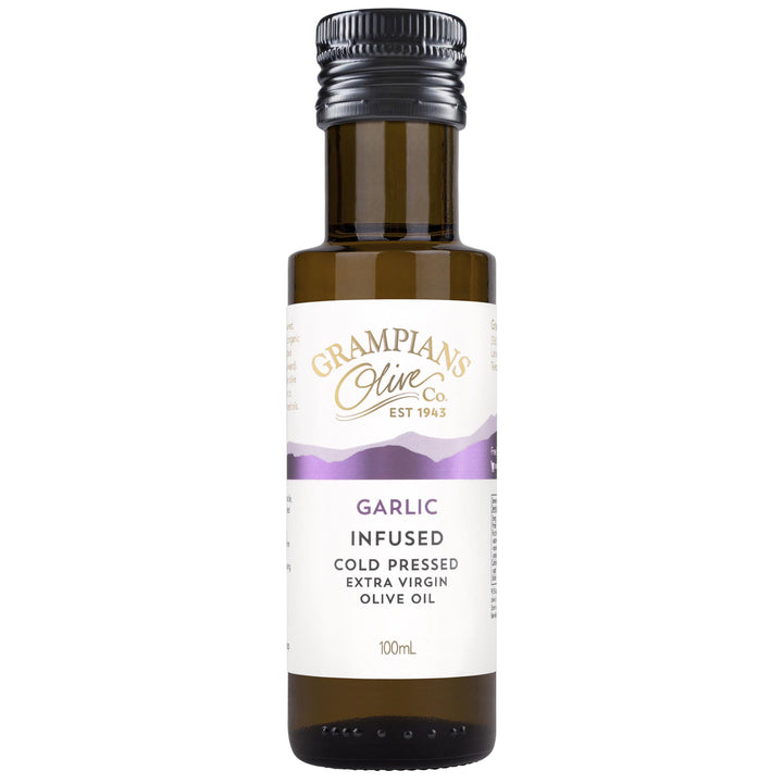 Front of Grampians Olive Co Garlic Infused Australian Extra Virgin Olive Oil 100ml bottle.