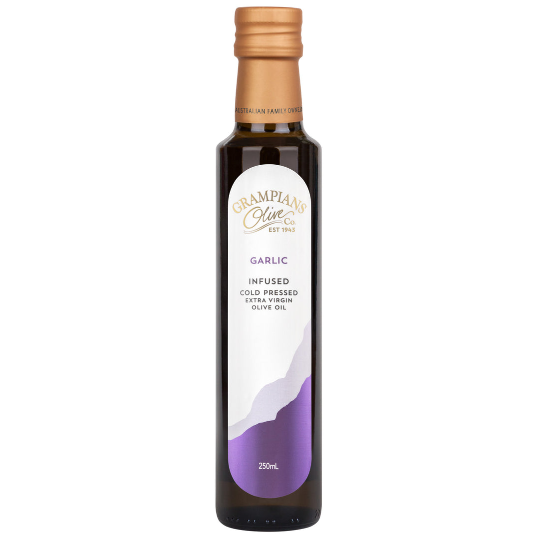 Front of Grampians Olive Co Garlic Infused Australian Extra Virgin Olive Oil 250ml bottle.