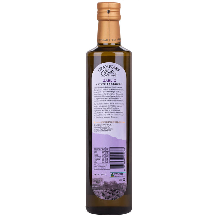 Back label of Grampians Olive Co Garlic Infused Australian Extra Virgin Olive Oil 500ml bottle.