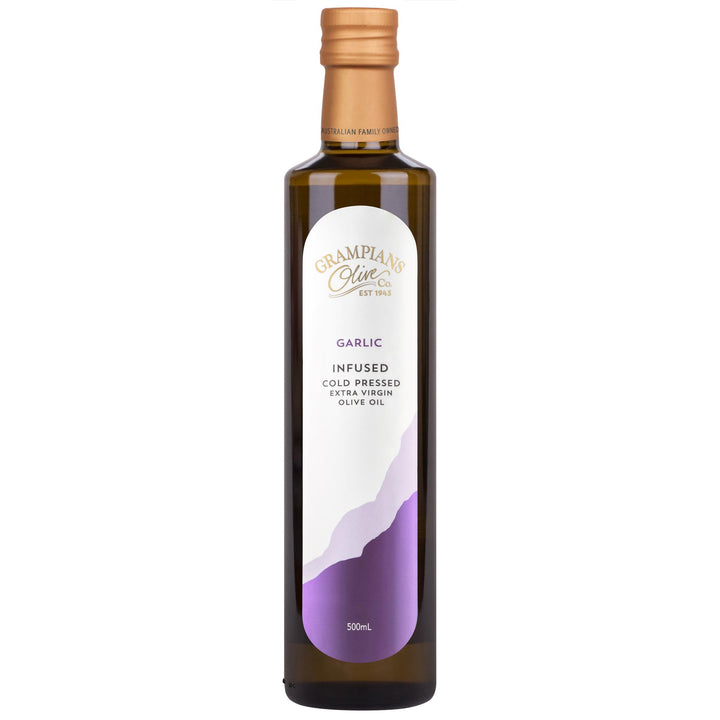 Front of Grampians Olive Co Garlic Infused Australian Extra Virgin Olive Oil 500ml bottle.