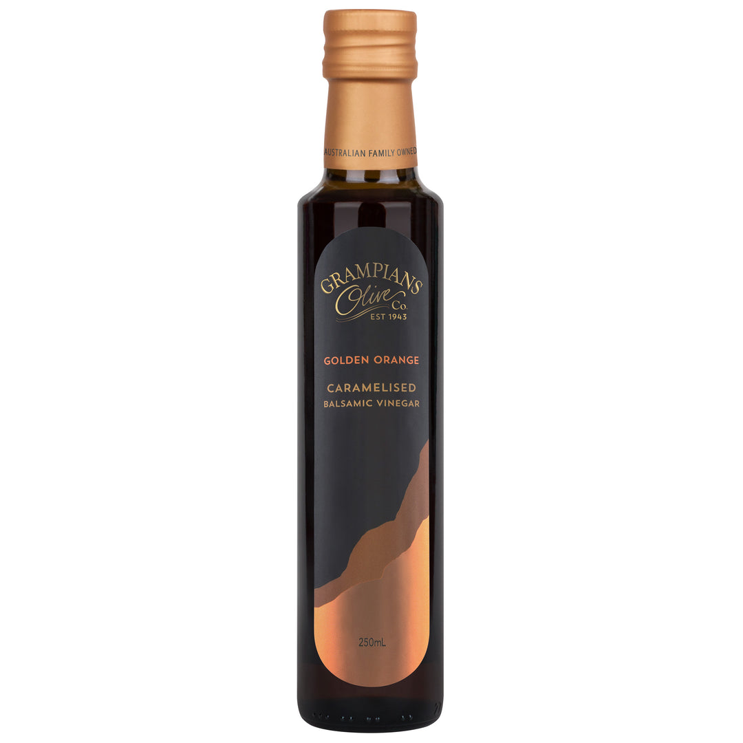 Front of Grampians Olive Co Australian Made Golden Orange Caramelised Balsamic Vinegar 250ml bottle.