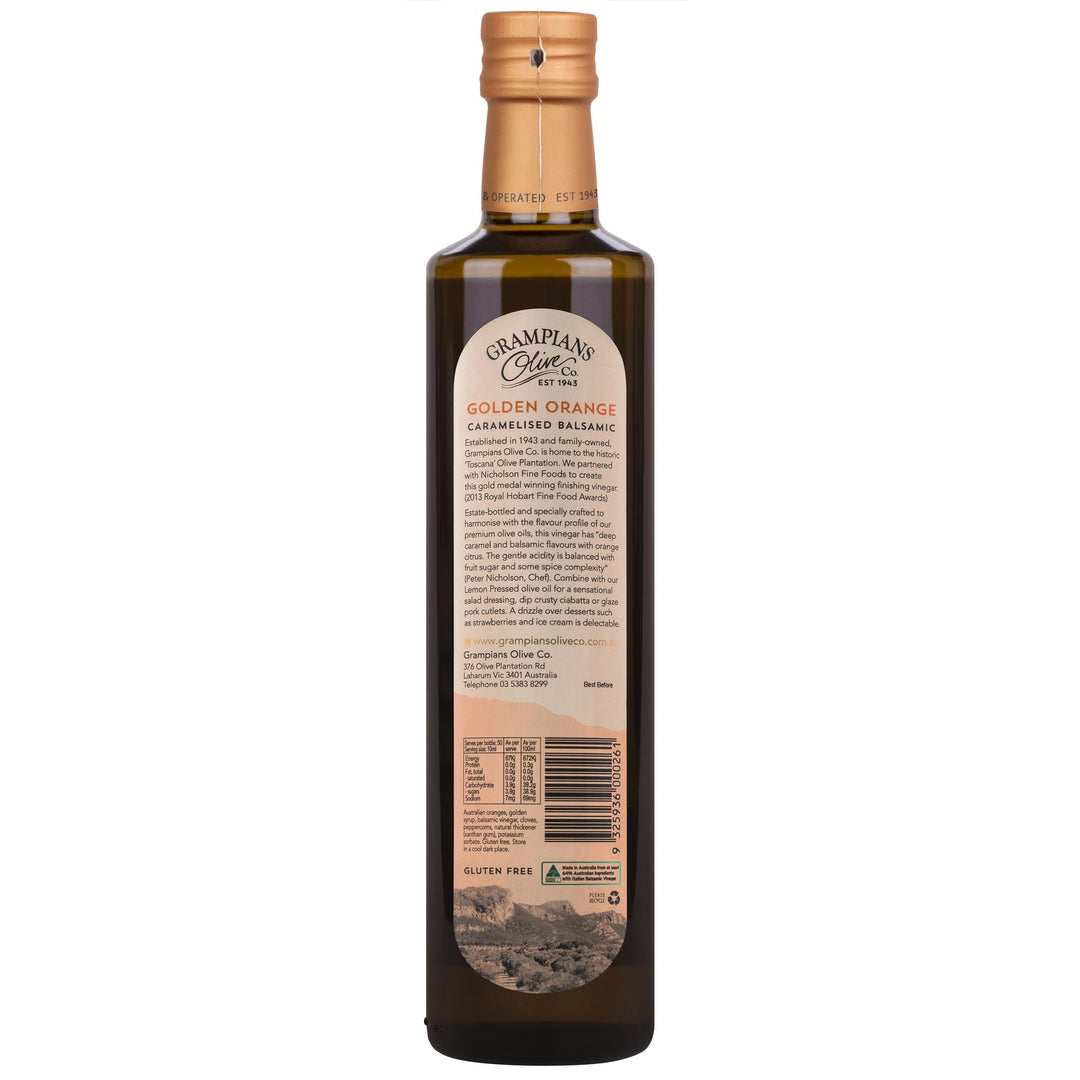 Back label of Grampians Olive Co Australian Made Golden Orange Caramelised Balsamic Vinegar 500ml bottle.