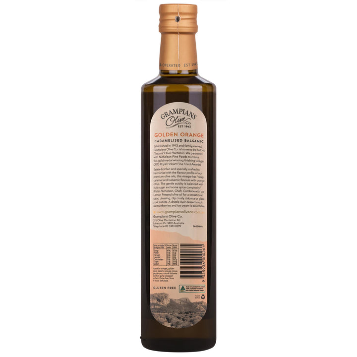 Back label of Grampians Olive Co Australian Made Golden Orange Caramelised Balsamic Vinegar 500ml bottle.