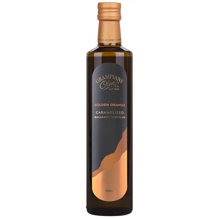 Front of Grampians Olive Co Australian Made Golden Orange Caramelised Balsamic Vinegar 500ml bottle.