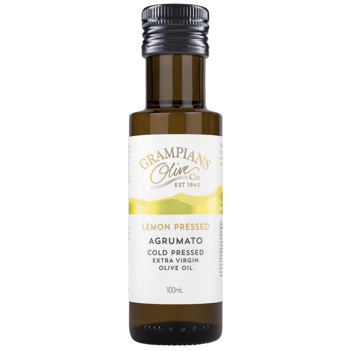 Front of Grampians Olive Co Lemon Pressed Agrumato Infused Australian Extra Virgin Olive Oil 100ml bottle.