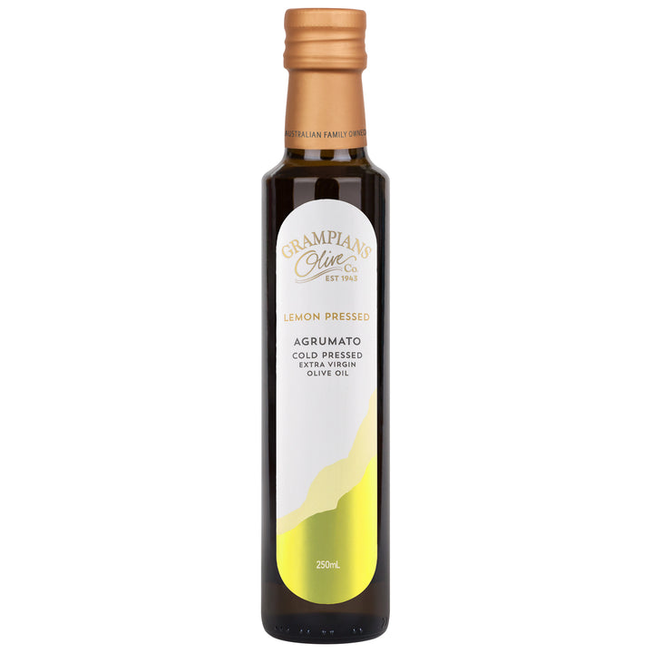 Front of Grampians Olive Co Lemon Pressed Agrumato Infused Australian Extra Virgin Olive Oil 250ml bottle.
