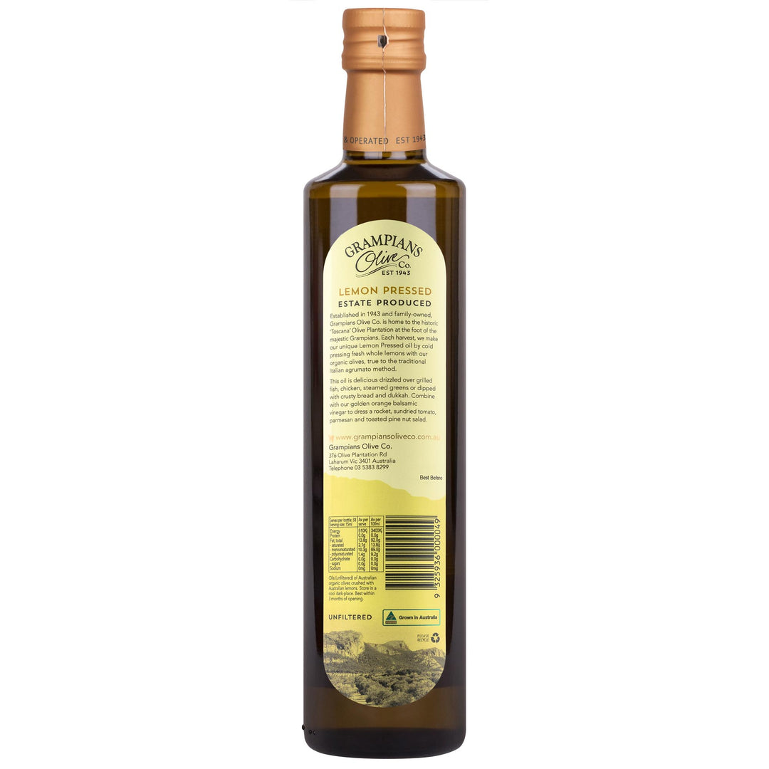 Back label of Grampians Olive Co Lemon Pressed Agrumato Infused Australian Extra Virgin Olive Oil 500ml bottle.