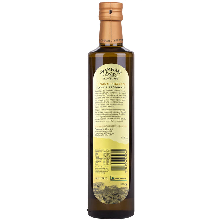 Back label of Grampians Olive Co Lemon Pressed Agrumato Infused Australian Extra Virgin Olive Oil 500ml bottle.