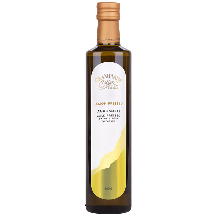 Front of Grampians Olive Co Lemon Pressed Agrumato Infused Australian Extra Virgin Olive Oil 500ml bottle.