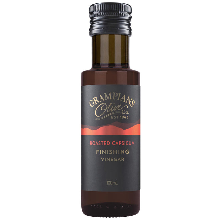 Bottle of Grampians Olive Co Australian made roasted capsicum finishing vinegar on a white background
