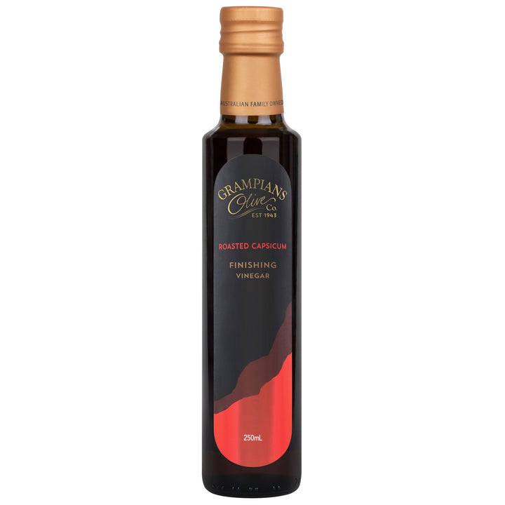 Bottle of Grampians Olive Co Australian Made Roasted Capsicum Finishing Vinegar on a white background