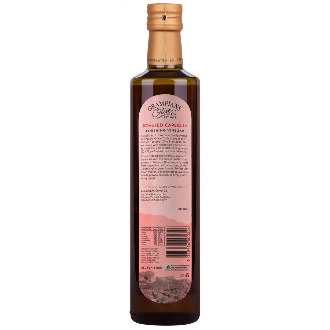 Bottle back label - Grampians Olive Co Roasted Capsicum Finishing Vinegar on a white background