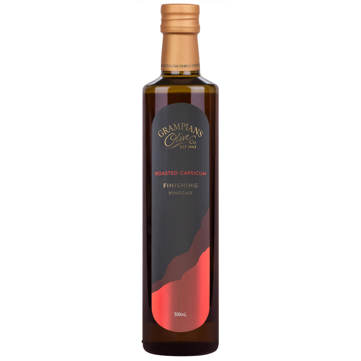 Bottle of Grampians Olive Co Australian Made Roasted Capsicum Finishing Vinegar on a white background